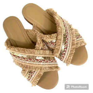Kaanas Ibiza Raffia Sequin Fringe Slide Sandals Beige Gold Red Size 6 NEW